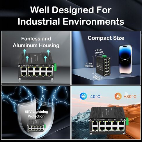 Hardened Industrial Gigabit 10 Ports Ethernet PoE+ Switch 10/100/1000BASE-T, 8-Port 802.3at PoE Up to 240-watt PoE Budget & 2-Port Uplink, DIN-Rail Compact Network Switch with Auto-MDI/MDI-X Function in Kuwait