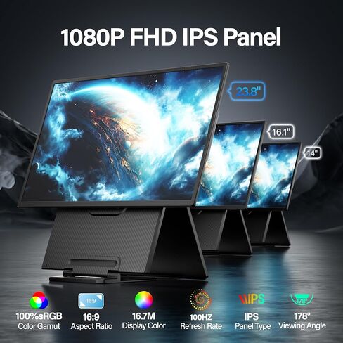 Setclod 23.8" Large Portable Monitor, 1080P FHD 100Hz Laptop Screen Extender, IPS 125% sRGB, Extra USB Hub for Office Gaming with Detachable Stand, Travel Monitor for Window, MAC, Xbox, Switch in Kuwait
