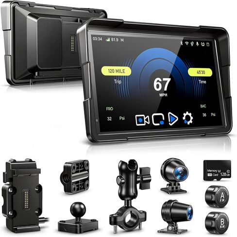 2026 LBW 7" Wireless Motorcycle CarPlay (Includes 128G SD) with TPMS, Android Auto, GPS Navigation, Dual 2K Dash Cam, IP69K Waterproof Touchscreen, BT, Quick Release, Anti-Glare Screen, Vioce Control in Saudi Arabia