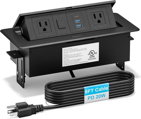 Recessed Power Strip with 2 AC, 2 USB-A, USB-C Ports, Pop Up Power Outlet with PD 20W USB C Fast Charger, Receptacle Outlet with Switch and 6FT Cord for Conference Office Countertop, UL Listed,Black in Kuwait