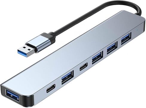 USB 3.0 Hub Splitter, 7 in 1 Aluminum USB Extender with Power Port, USBA to USB C Adapter for PC Laptop in Saudi Arabia