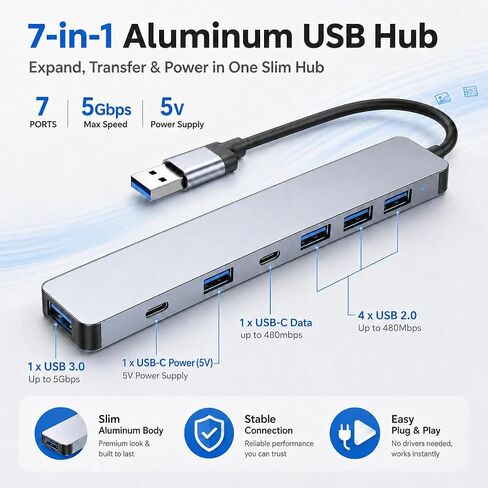 USB 3.0 Hub Splitter, 7 in 1 Aluminum USB Extender with Power Port, USBA to USB C Adapter for PC Laptop in Saudi Arabia