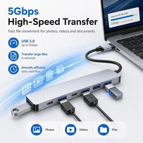 USB 3.0 Hub Splitter, 7 in 1 Aluminum USB Extender with Power Port, USBA to USB C Adapter for PC Laptop in Saudi Arabia