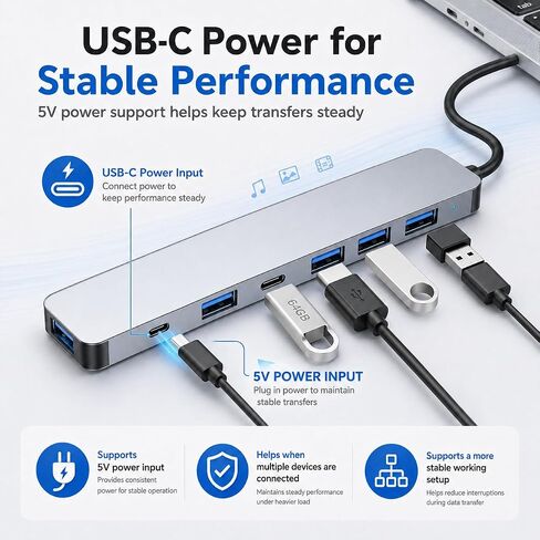 USB 3.0 Hub Splitter, 7 in 1 Aluminum USB Extender with Power Port, USBA to USB C Adapter for PC Laptop in Saudi Arabia