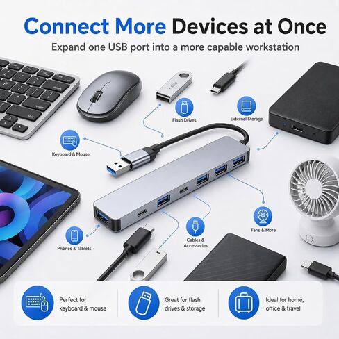 USB 3.0 Hub Splitter, 7 in 1 Aluminum USB Extender with Power Port, USBA to USB C Adapter for PC Laptop in Saudi Arabia