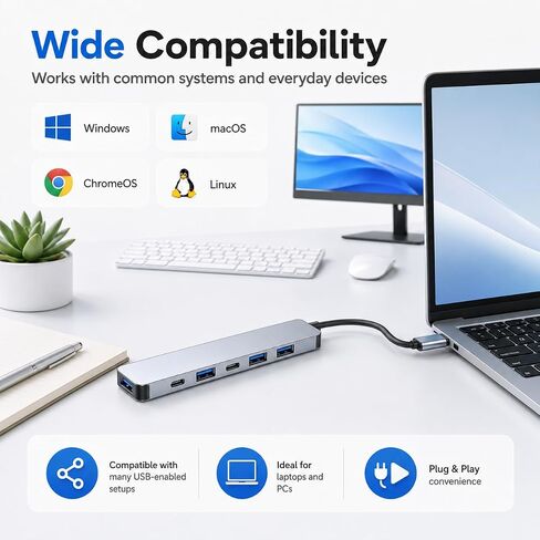 USB 3.0 Hub Splitter, 7 in 1 Aluminum USB Extender with Power Port, USBA to USB C Adapter for PC Laptop in Saudi Arabia