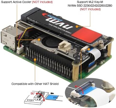 Geekworm X1001 M.2 Key-M NVMe SSD PIP PCIe Peripheral Board+P579 Metal Case with Official Pi 5 Active Cooler+PD 27W USB-C Power Supply for Raspberry Pi 5 in Kuwait