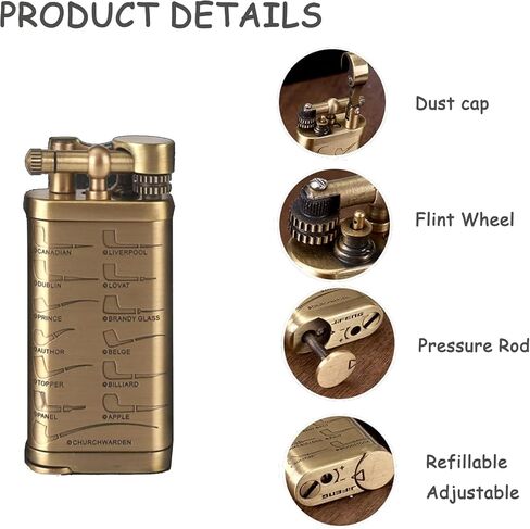 Pipe Lighter Classic Pipe Shapes, Vintage Butane Lighter Antique Style Lift Arm with 45 Angle Soft Flame, Tamper & Pick, Pipe Gift Butane not Included in Kuwait