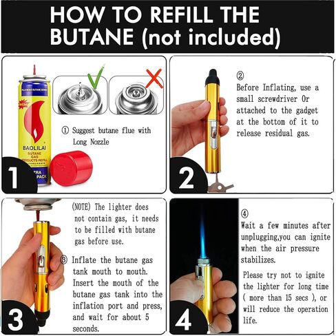 Torch Lighter,Long Lighters Refillable Butane Fuel Jet Flame Pen Torch Adjustable Windproof Lighters(Gas Not Included) (2 Pack Golden in Kuwait