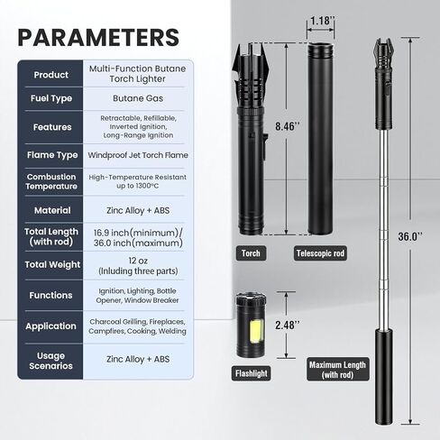 Windproof Torch Lighter, Long Camping Lighter Refillable Butane Gas - 4 in 1 Extendable Lightsaber Lighter with Safety Lock/Jet Flame Cool Lighters for Fireplace Campfires Outdoor Tool for Men in Kuwait