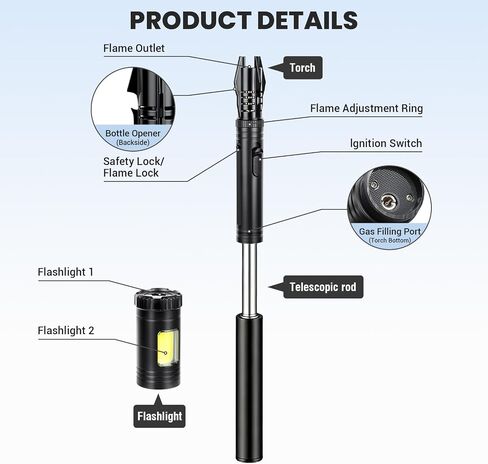 Windproof Torch Lighter, Long Camping Lighter Refillable Butane Gas - 4 in 1 Extendable Lightsaber Lighter with Safety Lock/Jet Flame Cool Lighters for Fireplace Campfires Outdoor Tool for Men in Kuwait