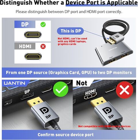 UANTIN DisplayPort to Dual DisplayPort Splitter Extended Display Adapter | 4K 60Hz Display Port Splitter 1 in 2 Out for Dual Monitors, MST Hub - External Graphics Card - DP Adapter for PC, NVIDIA, AMD in Kuwait