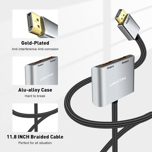 UANTIN DisplayPort to Dual DisplayPort Splitter Extended Display Adapter | 4K 60Hz Display Port Splitter 1 in 2 Out for Dual Monitors, MST Hub - External Graphics Card - DP Adapter for PC, NVIDIA, AMD in Kuwait