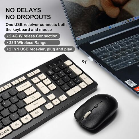 Wireless Keyboard and Mouse Combo, Reccazr 2.4G Full-Sized Keyboard and Mouse Cordless, 3 DPI Adjustable Mouse, Dual-System Keyboard for Computer/Laptop/Windows/Mac (Black & Cream) in Saudi Arabia