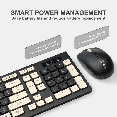 Wireless Keyboard and Mouse Combo, Reccazr 2.4G Full-Sized Keyboard and Mouse Cordless, 3 DPI Adjustable Mouse, Dual-System Keyboard for Computer/Laptop/Windows/Mac (Black & Cream) in Saudi Arabia
