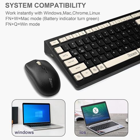 Wireless Keyboard and Mouse Combo, Reccazr 2.4G Full-Sized Keyboard and Mouse Cordless, 3 DPI Adjustable Mouse, Dual-System Keyboard for Computer/Laptop/Windows/Mac (Black & Cream) in Saudi Arabia
