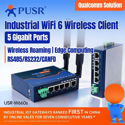 Dual Band WiFi 6 Wireless Client 5*Gigabit Port 1*CAN Port Edge Computing Gateway CANBus to Ethernet CANFD RS485 RS232 to WiFi USR-W660S in Kuwait