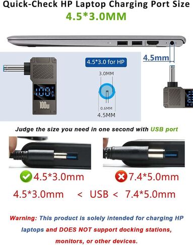 USB C to HP Laptop Charger Adapter -Female Type C to DC 4.5x3.0 Blue Tip Converter PD Charging Barrel Plug 4.5mm Power Connector w/ LED Display for Chrombook Zbook Elitebook Spectre x360 Envy Notebook in Kuwait