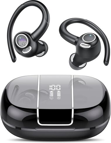 Wireless Earbuds Bluetooth 5.3 Headphones Sports, 48H Over Ear Bud with ENC Mic, Stereo Deep Bass Bluetooth Earbuds with Secure Earhooks, LED Display, IPX7 Waterproof Earphone for Running Ivory Black in Kuwait