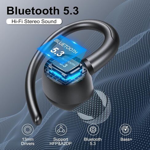 Wireless Earbuds Bluetooth 5.3 Headphones Sports, 48H Over Ear Bud with ENC Mic, Stereo Deep Bass Bluetooth Earbuds with Secure Earhooks, LED Display, IPX7 Waterproof Earphone for Running Ivory Black in Kuwait