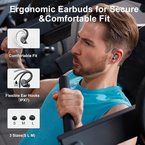 Wireless Earbuds Bluetooth 5.3 Headphones Sports, 48H Over Ear Bud with ENC Mic, Stereo Deep Bass Bluetooth Earbuds with Secure Earhooks, LED Display, IPX7 Waterproof Earphone for Running Ivory Black in Kuwait