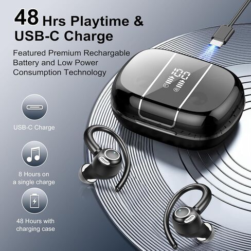 Wireless Earbuds Bluetooth 5.3 Headphones Sports, 48H Over Ear Bud with ENC Mic, Stereo Deep Bass Bluetooth Earbuds with Secure Earhooks, LED Display, IPX7 Waterproof Earphone for Running Ivory Black in Kuwait