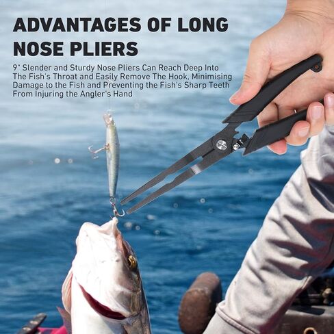 Golden J Teflon Fishing Pliers, Multi-Function Hook Remover-Long Nose Pliers, PE/Braided Line Cutter, Saltwater Resistant Fishing Gear, For Deep-Sea, Ice & Surf Fishing - Ideal for Anglers in Kuwait