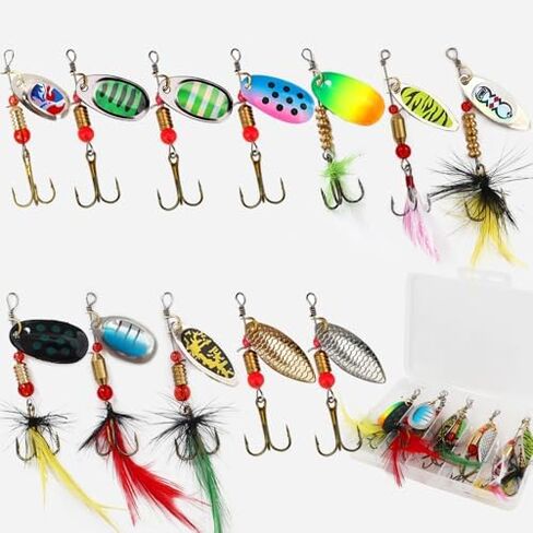 KINGFOREST 12pcs Fishing Lures Spinnerbait for Bass Trout Salmon Walleye Hard Metal Spinner Baits Kit with Tackle Box in Saudi Arabia