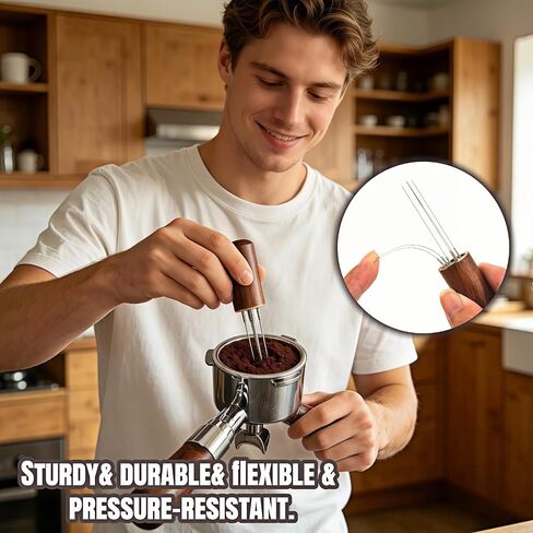 6-Needle Espresso WDT Tool 0.35mm – Walnut Wood Handle & Stand, Break Up Clumps for Even Extraction, Anti-Channeling, Professional Barista Coffee Distributor Accessory in Kuwait