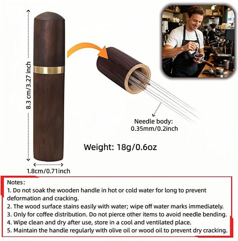 6-Needle Espresso WDT Tool 0.35mm – Walnut Wood Handle & Stand, Break Up Clumps for Even Extraction, Anti-Channeling, Professional Barista Coffee Distributor Accessory in Kuwait