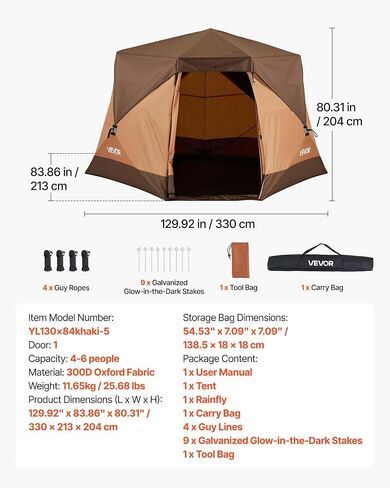 VEVOR Camping Tent, 6 Person Pop Up Instant Cabin Tent with Rainfly, Mesh Side & Top Windows, 60 Second Easy Setup, Portable Waterproof Cabin Hub with Carry Bag for Family Outdoor Camping Hiking in Kuwait