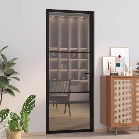 Gecheer Interior Glass Door 29.9x79.3 Inch, Black Aluminum Frame with ESG Tempered Glass, Modern Sliding Barn Door for Home Office Bedroom, Reversible Design with Handle and Hardware Included in Saudi Arabia