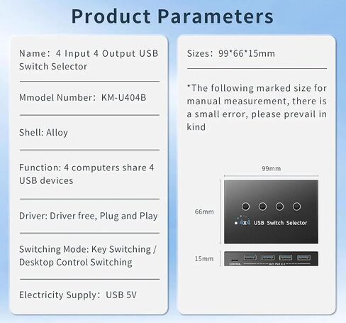 USB 3.0 Switch 4 Computers 4 Ports, USB Switcher Selector Share 4 USB Devices, 5Gbps, Desktop Controller + Button Switch, for Keyboard Mouse Printer HDD, Mac Windows Linux in Kuwait