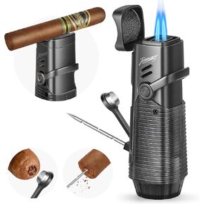 Tesonway Cigar Lighter, Windproof Refillable Butane Torch Lighter, Multifunction Cigar Accessories Butane Lighter with Cigar Holder, Cigar Draw Enhancer and Cigar Punch, Butane Not Included in Kuwait