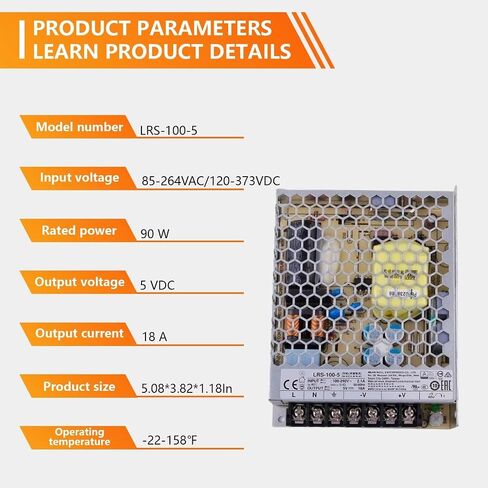 SBJ LRS-100-5 90W 5V 18A Enclosed Switching Power Supply, 85-264VAC Input for Industrial & Home Appliance in Kuwait