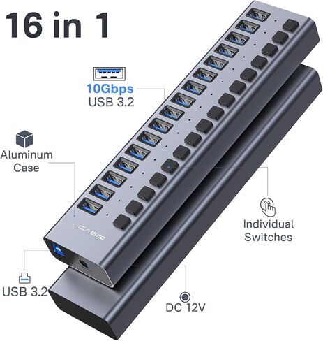 ACASIS 16&10 Ports USB 3.2 Hub with 10Gbps Data Speed, Powered USB 3.2 Hub, Aluminum Housing, USB Hub Powered with 96/48W Power Adapter in Kuwait