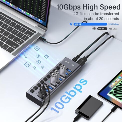 ACASIS 16&10 Ports USB 3.2 Hub with 10Gbps Data Speed, Powered USB 3.2 Hub, Aluminum Housing, USB Hub Powered with 96/48W Power Adapter in Kuwait
