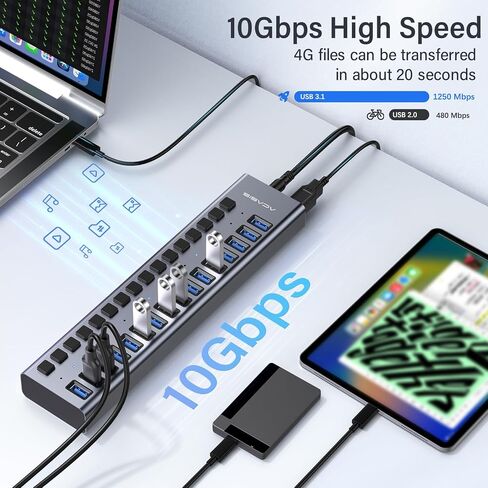 ACASIS 16&10 Ports USB 3.2 Hub with 10Gbps Data Speed, Powered USB 3.2 Hub, Aluminum Housing, USB Hub Powered with 96/48W Power Adapter in Kuwait