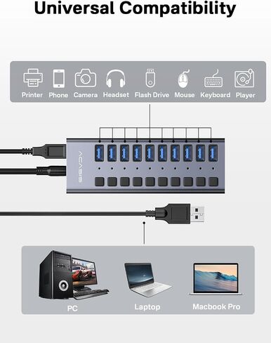 ACASIS 16&10 Ports USB 3.2 Hub with 10Gbps Data Speed, Powered USB 3.2 Hub, Aluminum Housing, USB Hub Powered with 96/48W Power Adapter in Kuwait