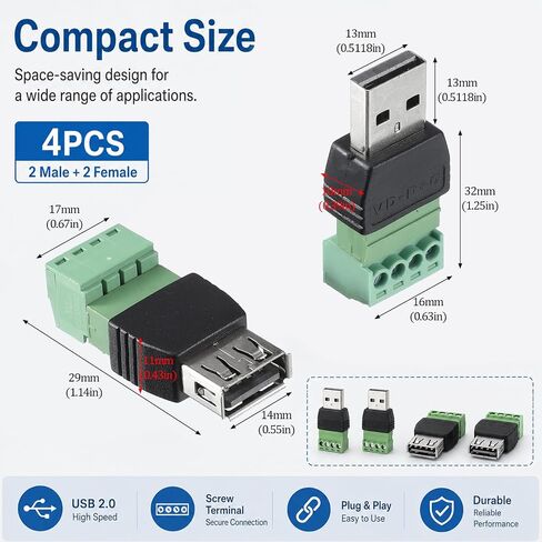 4-Pack Solderless USB 2.0 Type A Male/Female to 4 Pin Screw Terminal Block in Saudi Arabia