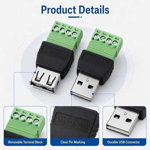 4-Pack Solderless USB 2.0 Type A Male/Female to 4 Pin Screw Terminal Block in Saudi Arabia