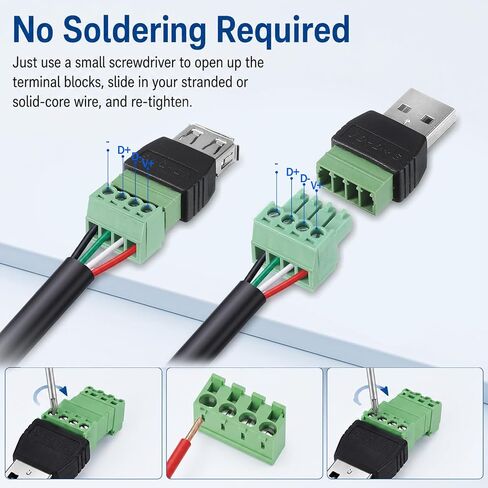 4-Pack Solderless USB 2.0 Type A Male/Female to 4 Pin Screw Terminal Block in Saudi Arabia
