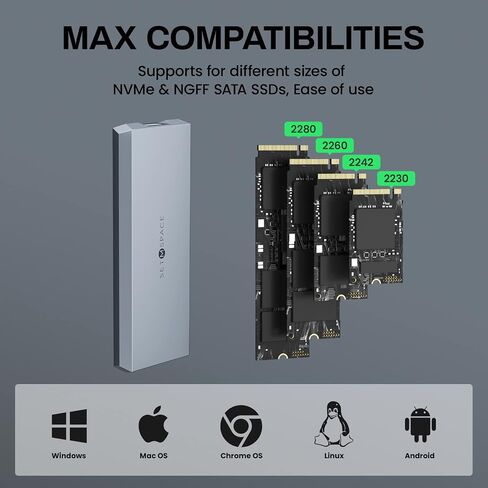 NVME Enclosure ['Tough Guy' Quality] 10 Gbps NVME & SATA, Solid Aluminium Alloy Case for M-Key SSD, SETMSPACE Screw Fixed M.2 Enclosure with USB C/A Cable, SSD Enclosure for 2230/2242/2260/2280-Grey in Saudi Arabia