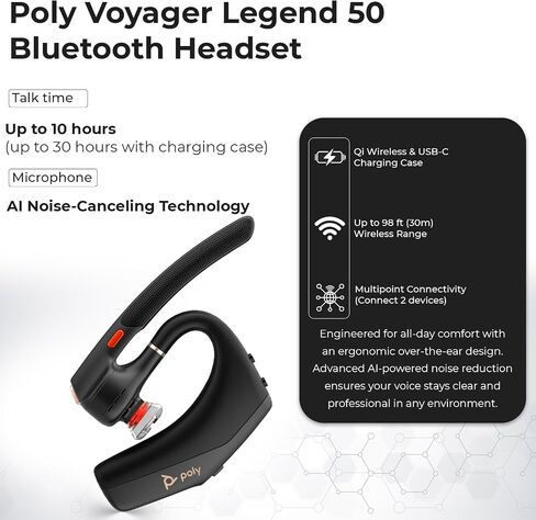 Poly Legend Voyager 50 for Bluetooth Headset - 4 Noise-Canceling Mics, PC, iOS, Mac, Tablet, Incl. + Charging Cable + USB Dongle + USB A-C + Microfiber Cloth in Kuwait