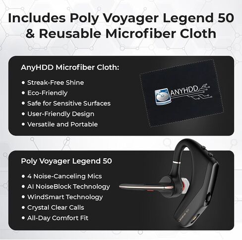 Poly Legend Voyager 50 for Bluetooth Headset - 4 Noise-Canceling Mics, PC, iOS, Mac, Tablet, Incl. + Charging Cable + USB Dongle + USB A-C + Microfiber Cloth in Kuwait