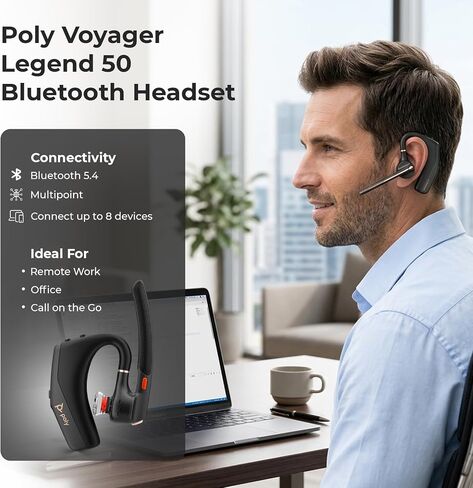 Poly Legend Voyager 50 for Bluetooth Headset - 4 Noise-Canceling Mics, PC, iOS, Mac, Tablet, Incl. + Charging Cable + USB Dongle + USB A-C + Microfiber Cloth in Kuwait