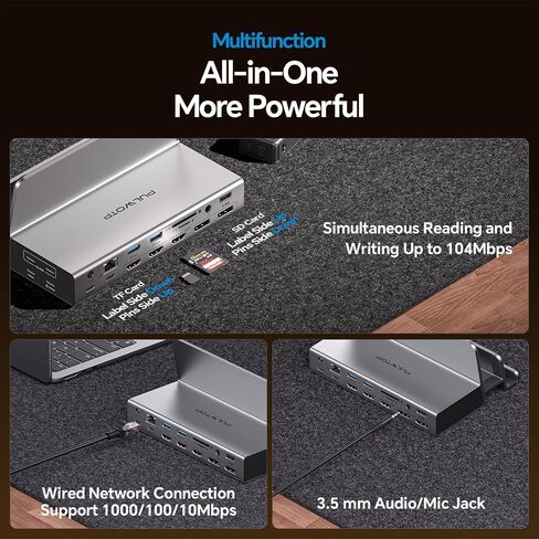 Triple Display Docking Station with Dual Stand, 19-in-1 Laptop Docking Station 3 Monitor with 100W PD, 3 HDMI + 2 DP 4K, 2 USB-C, 2 USB-A Data/Charging, 2 USB-C PD, Ethernet (Driver Required) in Kuwait