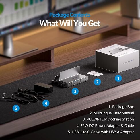 Triple Display Docking Station with Dual Stand, 19-in-1 Laptop Docking Station 3 Monitor with 100W PD, 3 HDMI + 2 DP 4K, 2 USB-C, 2 USB-A Data/Charging, 2 USB-C PD, Ethernet (Driver Required) in Kuwait