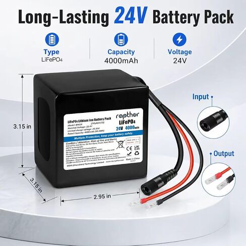 rapthor 24V 4Ah LiFePO4 Lithium Battery with 25.6V Charger, Bare Wire Leads in Kuwait