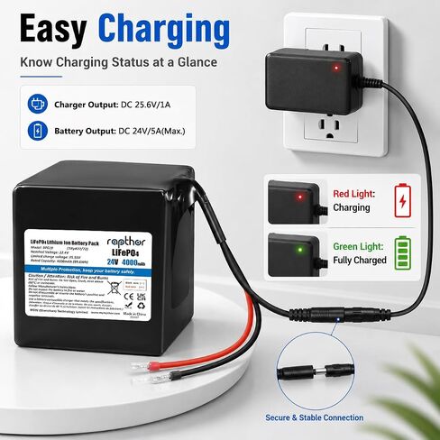 rapthor 24V 4Ah LiFePO4 Lithium Battery with 25.6V Charger, Bare Wire Leads in Kuwait